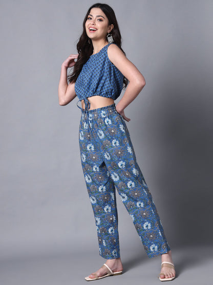 Blue Print Casual Crop Top And Pant Fusion Set
