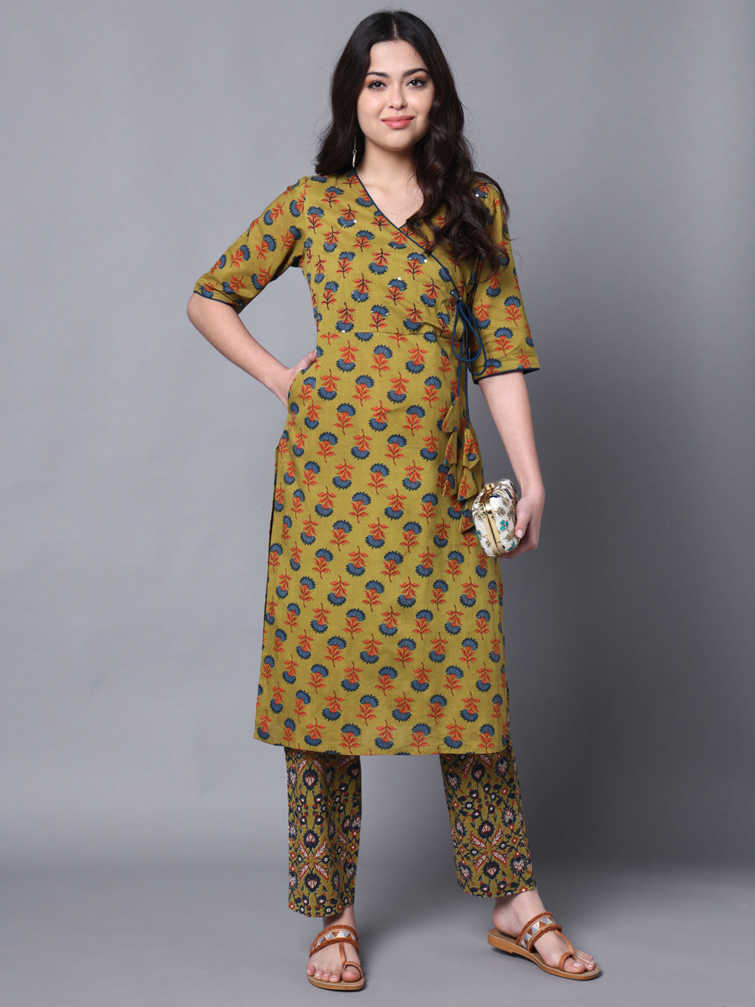 Mustard Angrakha Ethnic Motif Kurta Set