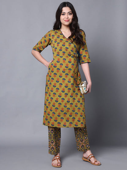 Mustard Angrakha Ethnic Motif Kurta Set