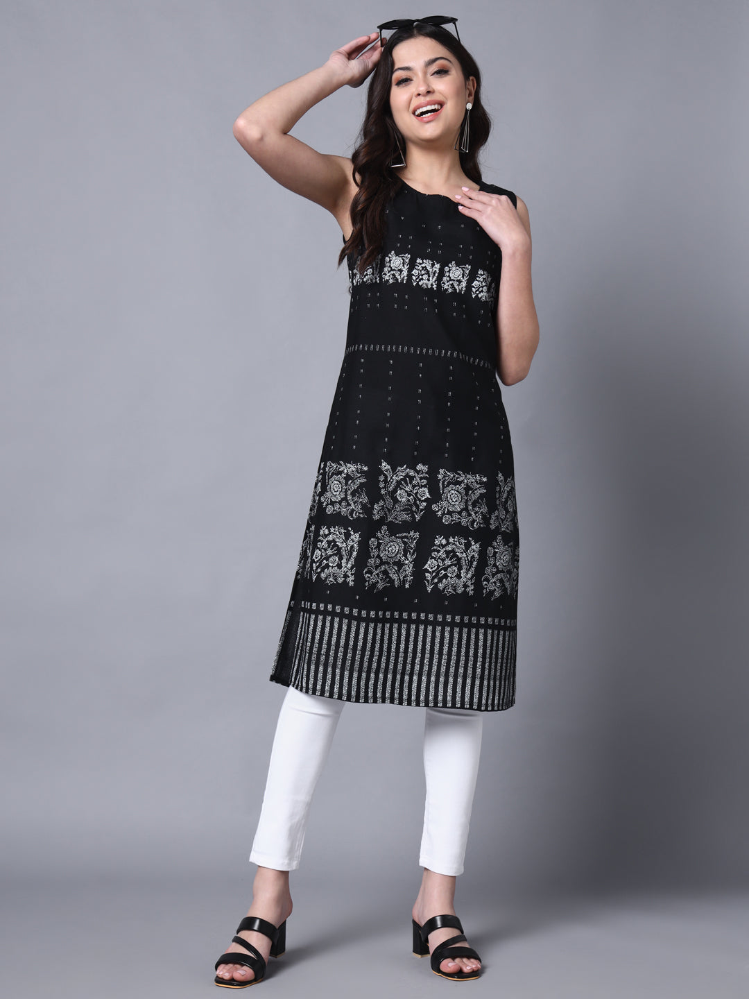 Black Rayon Print Strapy Straight Sleeveless Kurta