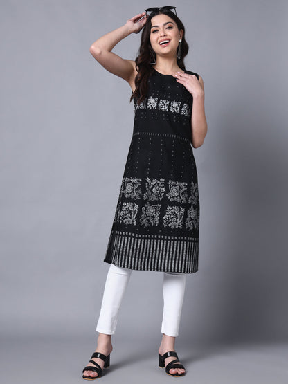 Black Rayon Print Strapy Straight Sleeveless Kurta