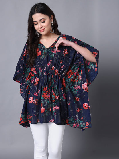 Womens'S Cotton Lurex Blue Printed Kaftaan Top