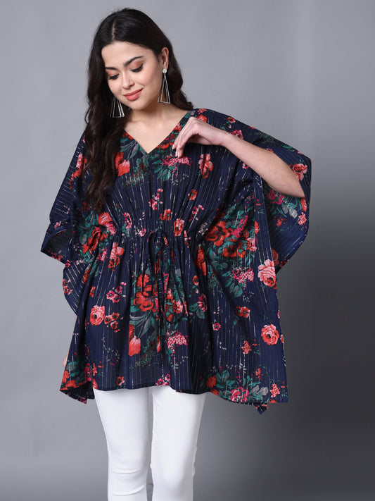 Womens'S Cotton Lurex Blue Printed Kaftaan Top
