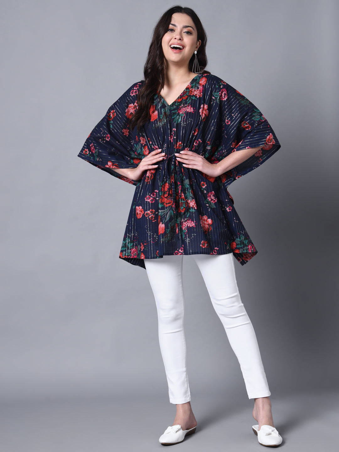 Womens'S Cotton Lurex Blue Printed Kaftaan Top