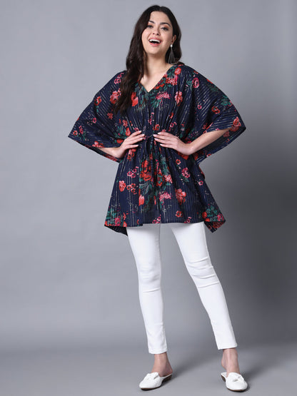 Womens'S Cotton Lurex Blue Printed Kaftaan Top