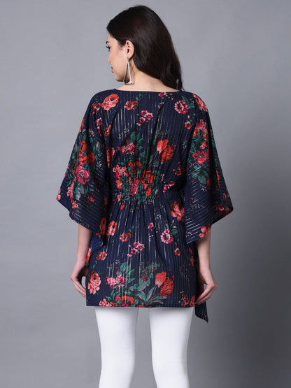 Womens'S Cotton Lurex Blue Printed Kaftaan Top