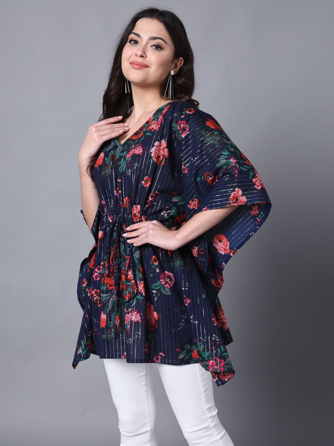 Womens'S Cotton Lurex Blue Printed Kaftaan Top