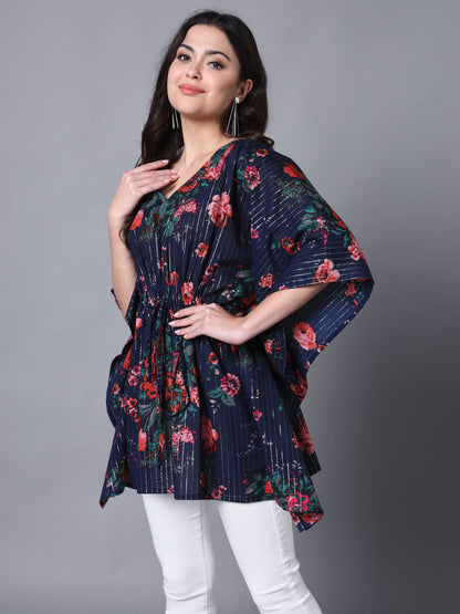 Womens'S Cotton Lurex Blue Printed Kaftaan Top