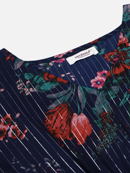 Womens'S Cotton Lurex Blue Printed Kaftaan Top