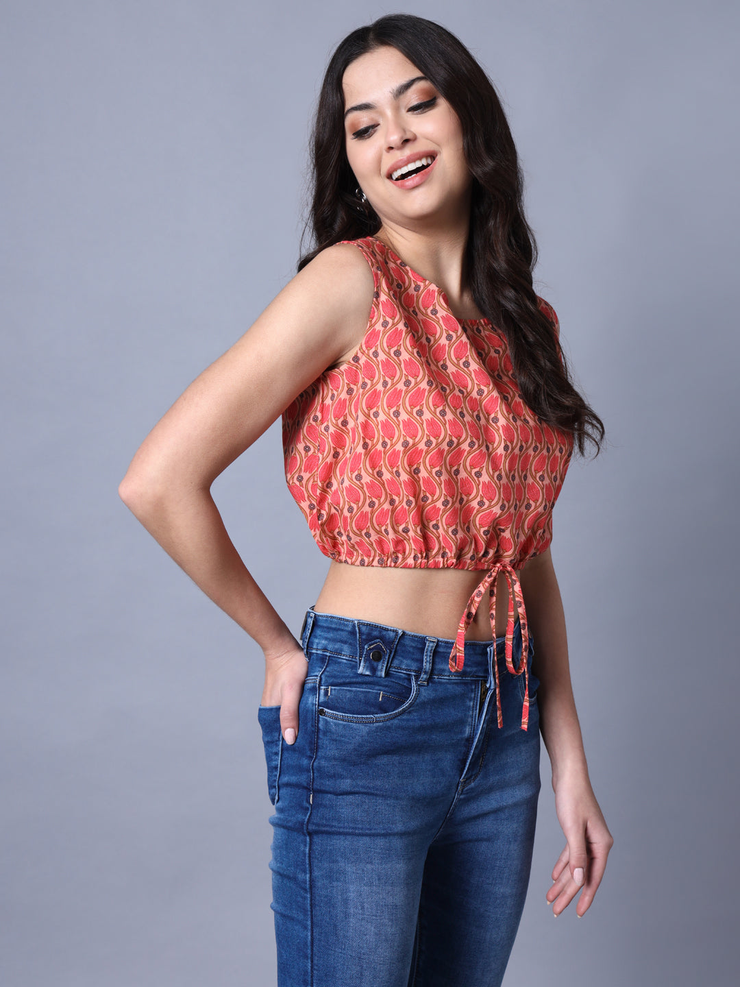 Womens'S Cotton Pink Floral Cutsleeves Printed Top