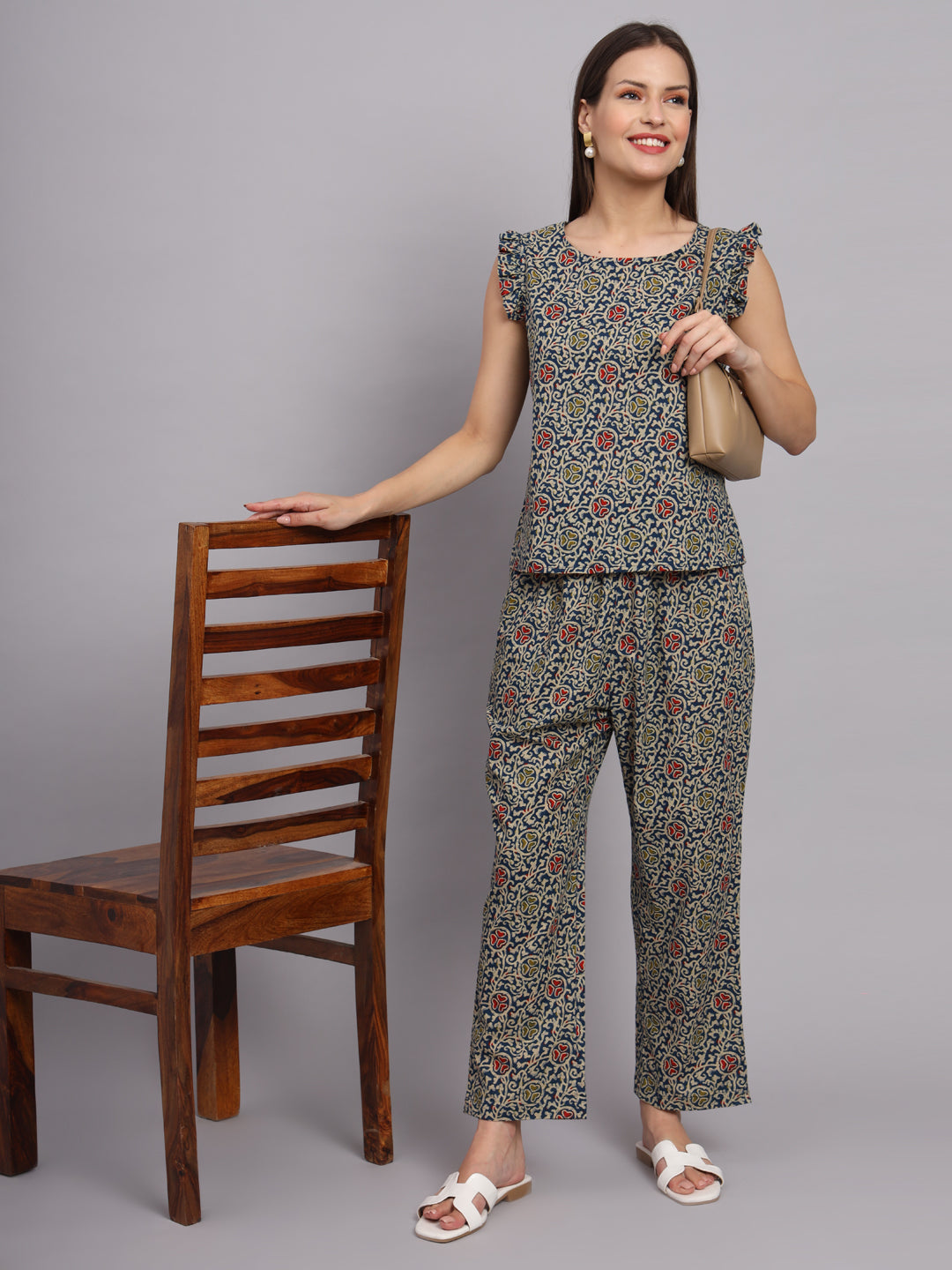 Dark Blue Cotton Print Top & Pant Co-Ord Set
