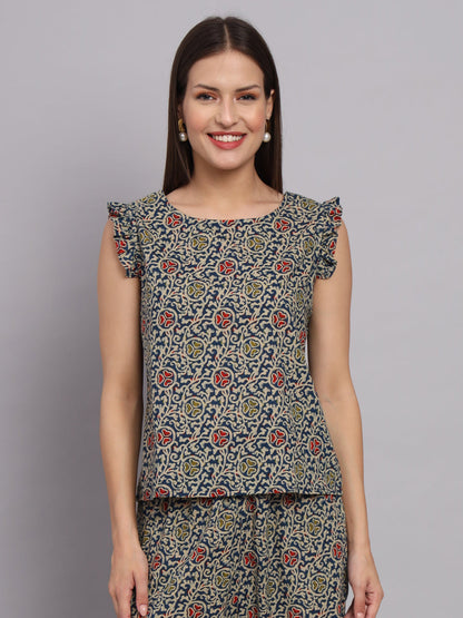 Dark Blue Cotton Print Top & Pant Co-Ord Set