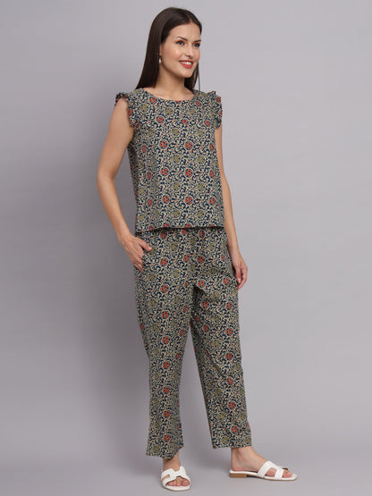 Dark Blue Cotton Print Top & Pant Co-Ord Set