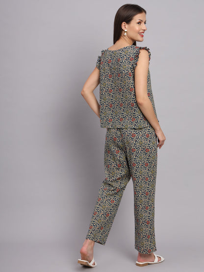 Dark Blue Cotton Print Top & Pant Co-Ord Set