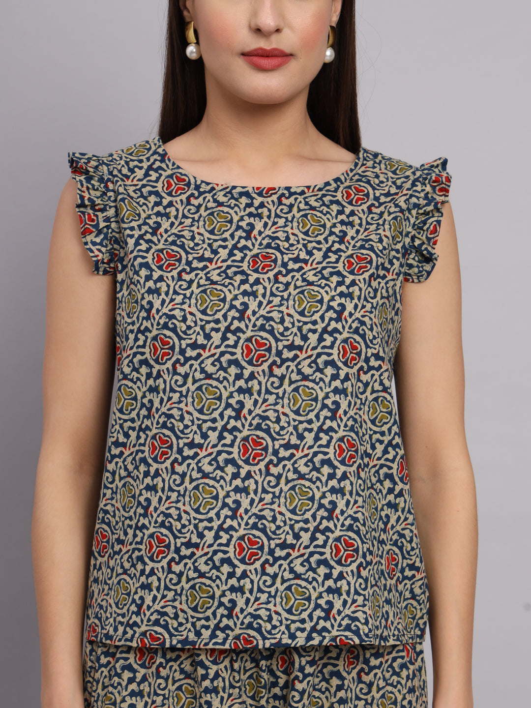 Dark Blue Cotton Print Top & Pant Co-Ord Set