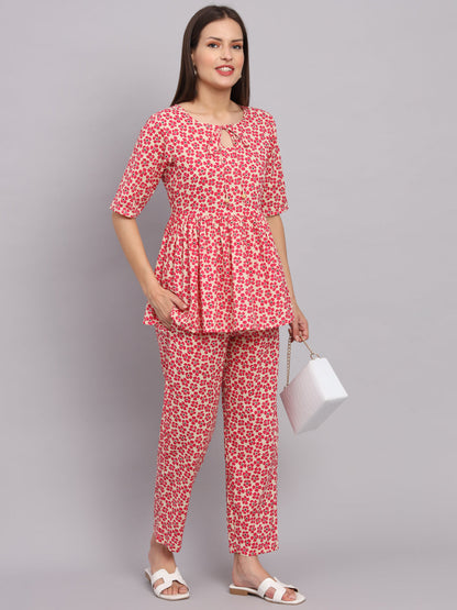 Fuchsia Cotton Print Top & Pant Co-Ord Set