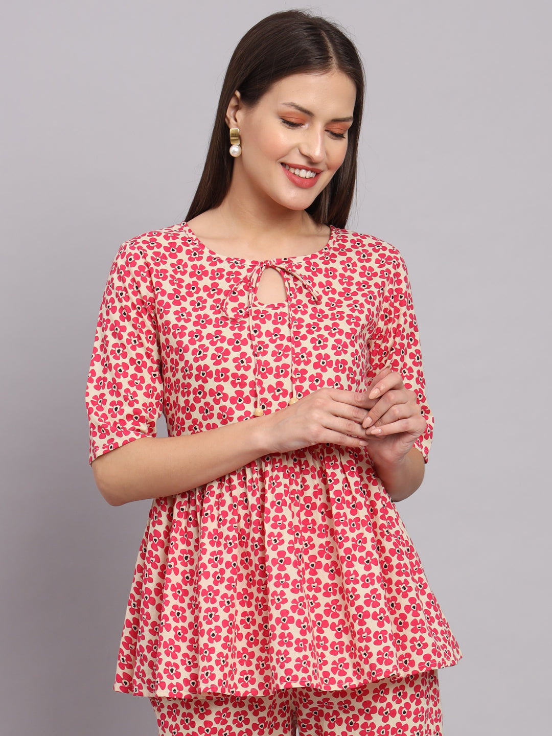 Fuchsia Cotton Print Top & Pant Co-Ord Set