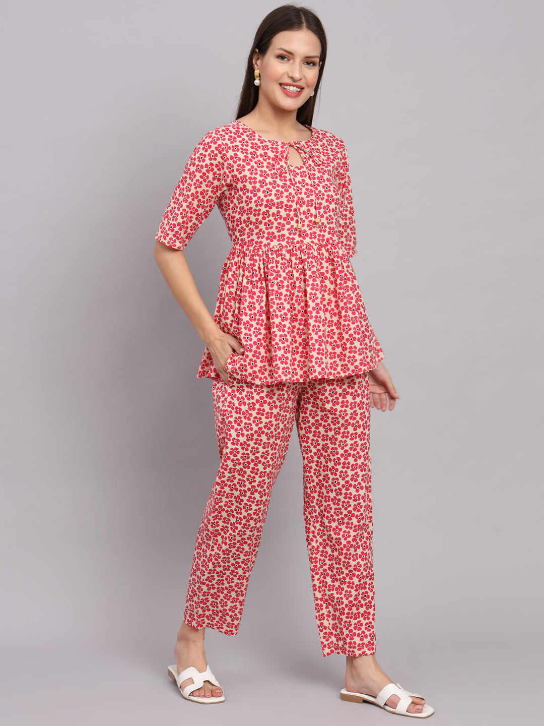 Fuchsia Cotton Print Top & Pant Co-Ord Set