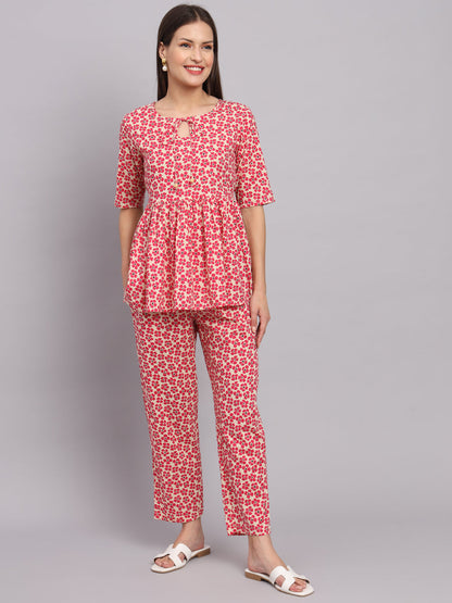 Fuchsia Cotton Print Top & Pant Co-Ord Set