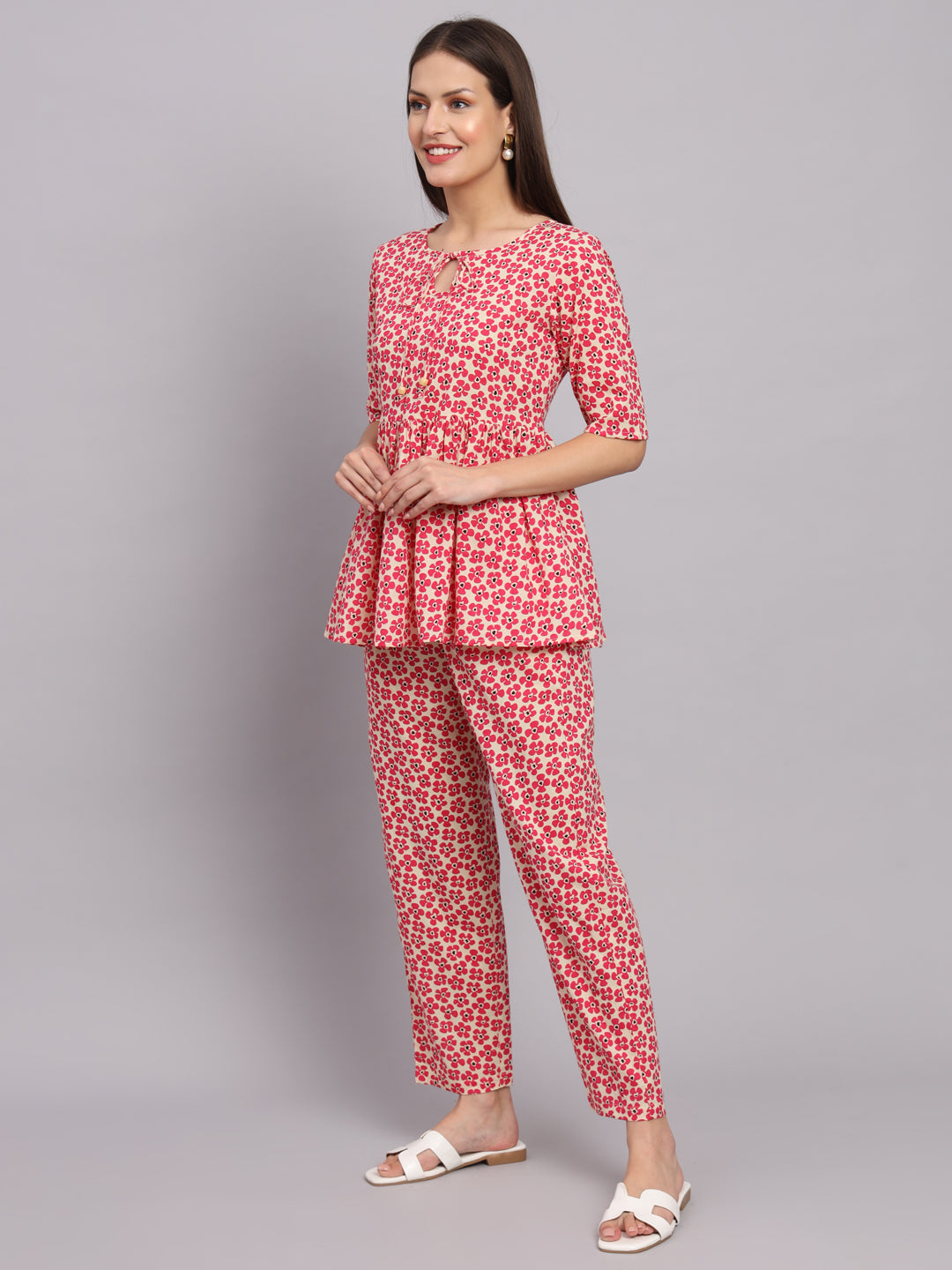 Fuchsia Cotton Print Top & Pant Co-Ord Set