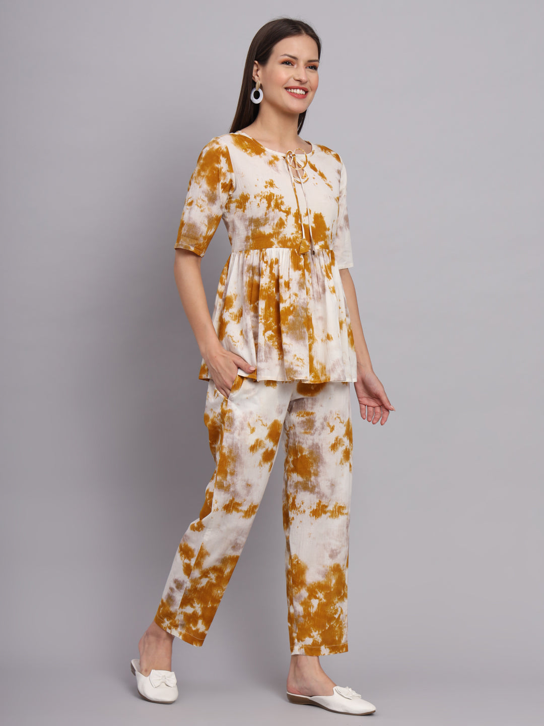 White Mustard Shaded Cotton Top & Pant  Co-Ord Set