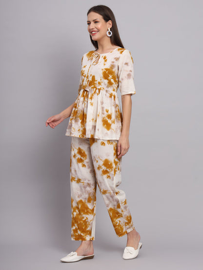 White Mustard Shaded Cotton Top & Pant  Co-Ord Set