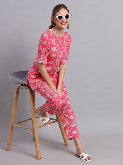 Pink Indian Print Cotton Shirt & Pant Co-Ord Set