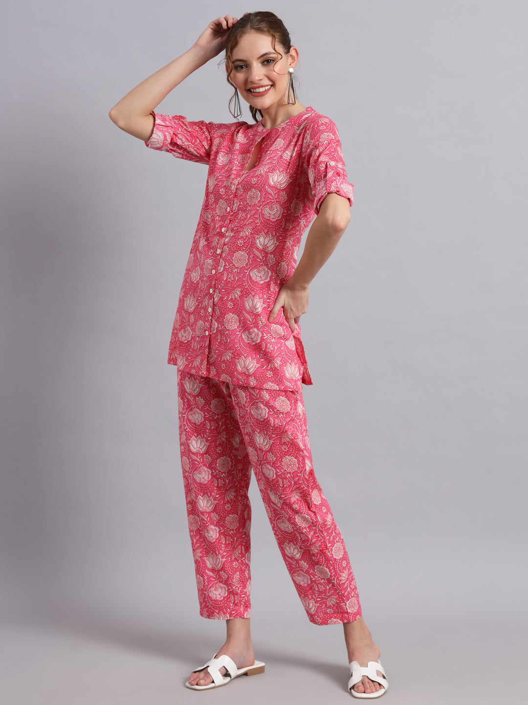 Pink Indian Print Cotton Shirt & Pant Co-Ord Set