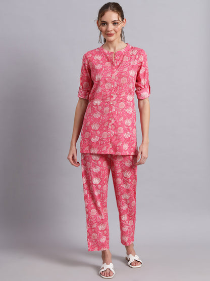 Pink Indian Print Cotton Shirt & Pant Co-Ord Set