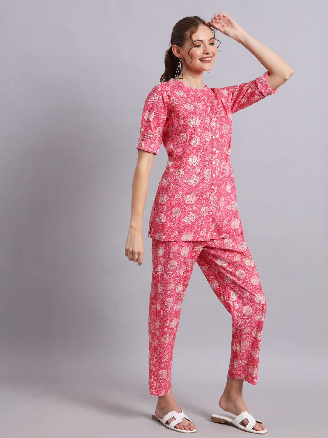 Pink Indian Print Cotton Shirt & Pant Co-Ord Set