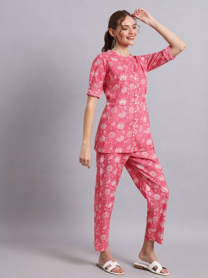 Pink Indian Print Cotton Shirt & Pant Co-Ord Set
