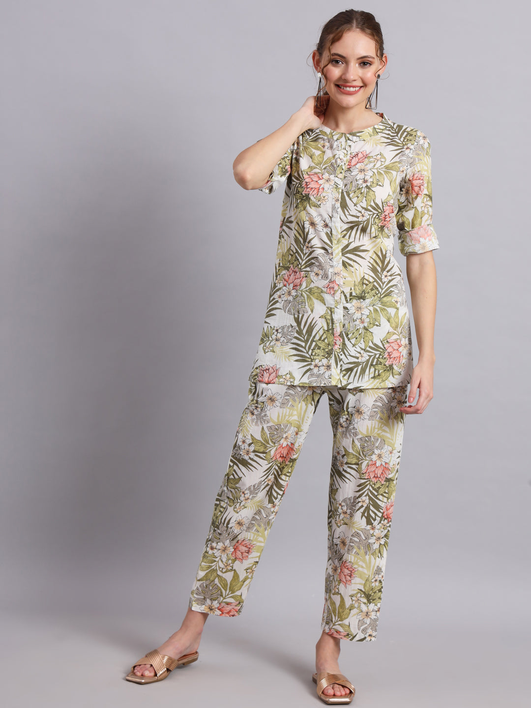 Tropical Print Cotton Shirt & Pant  Co-Ord Set
