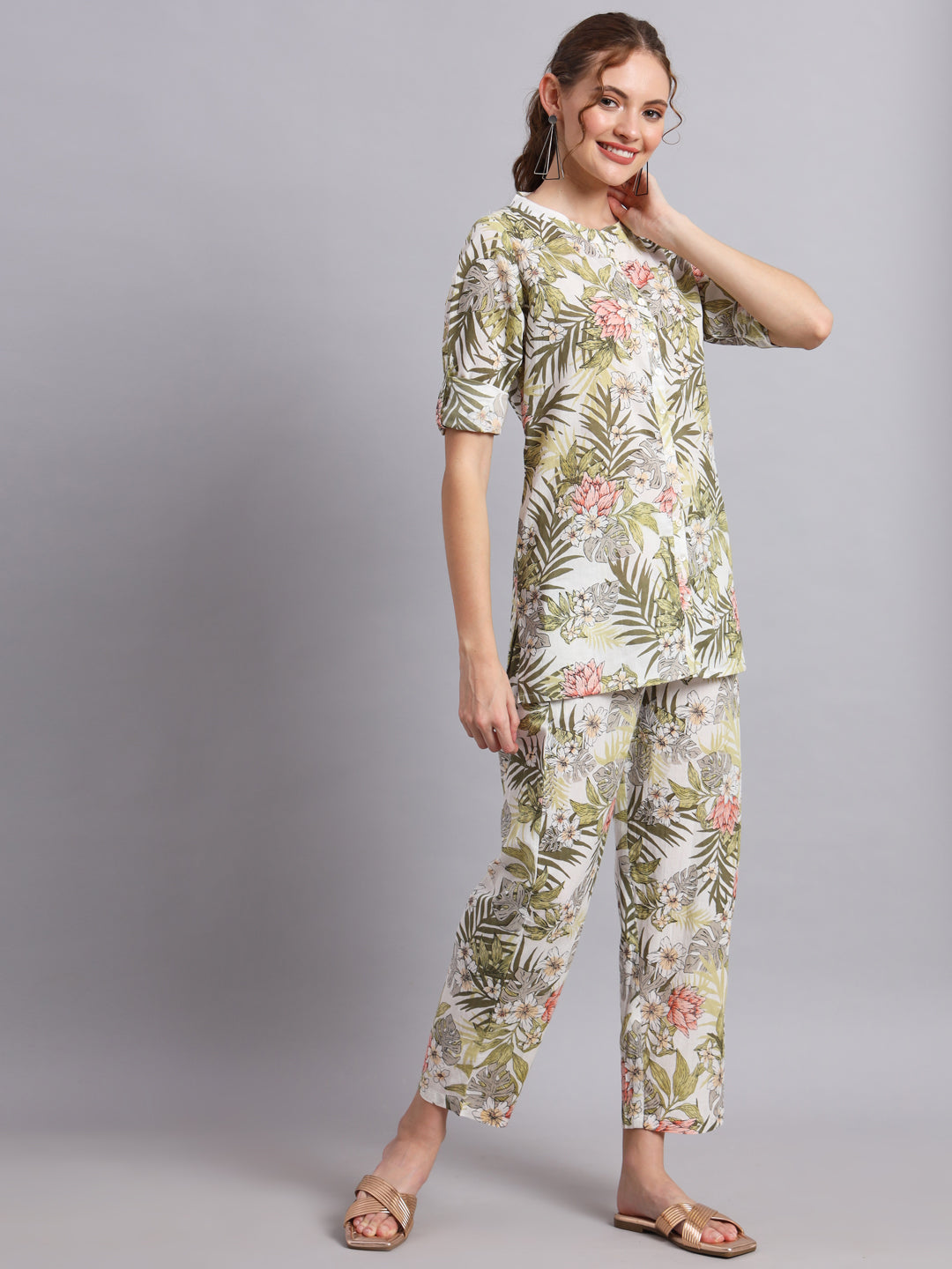 Tropical Print Cotton Shirt & Pant  Co-Ord Set