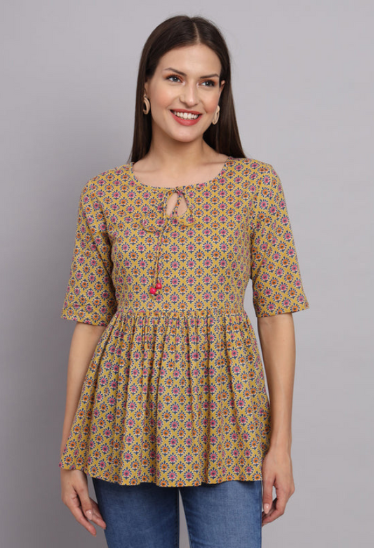 Women Printed Cotton Keyhole Neck Top