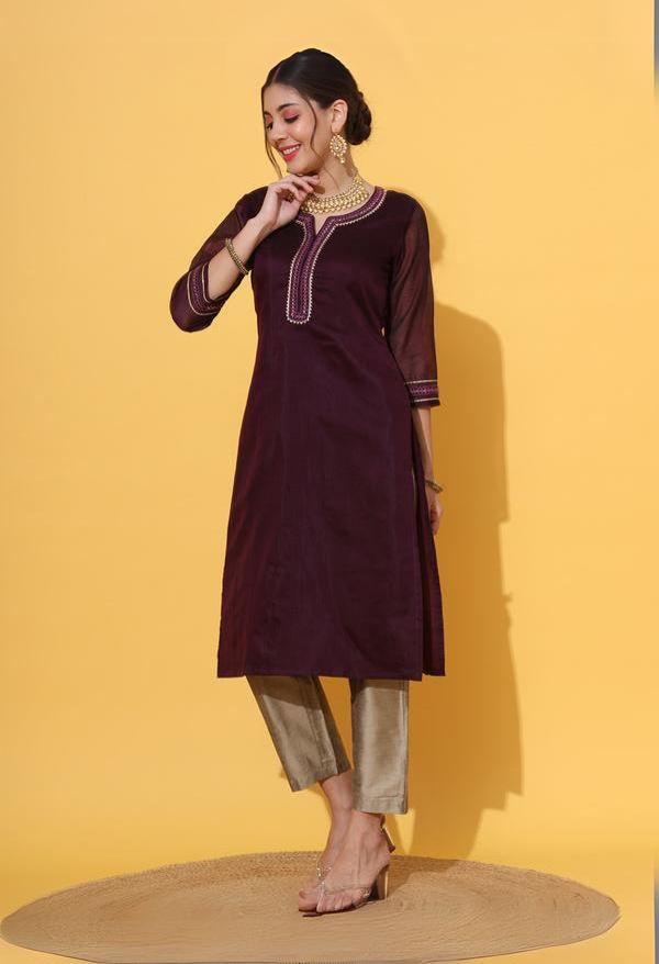 Wine Embroidered Chanderi Kurta