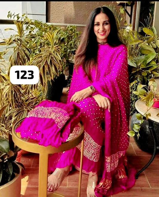 3 Piece Exclusive Modal silk unstitched suit in pure modal silk, 2.5 Mtrs each in Rani