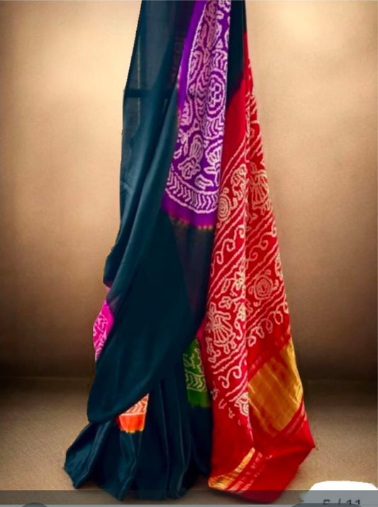 Midnight Kaleidoscope: Pure Gajji Silk Saree in Rai Bandhej and Rasmandal Design