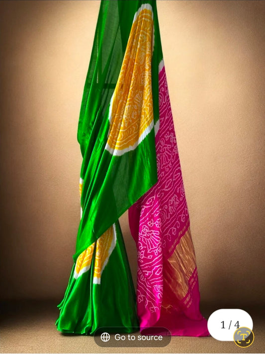 Verdant Radiance: Pure Gajji Silk Saree in Rai Bandhej and Rasmandal Design