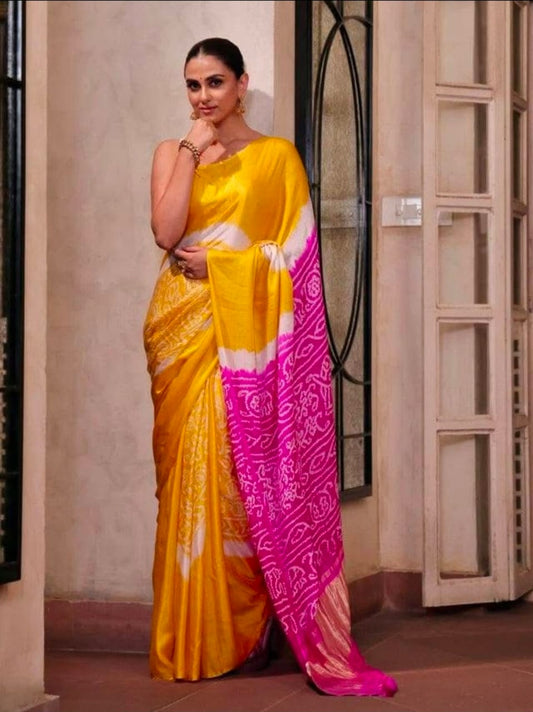 Golden Harmony: Pure Gajji Silk Saree in Rai Bandhej and Rasmandal Design