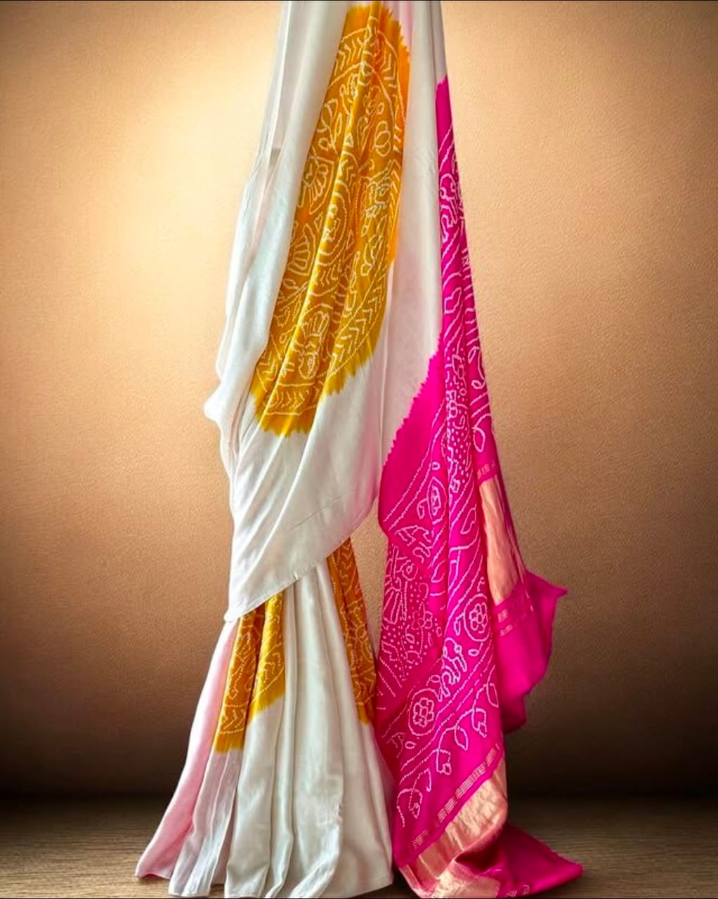 Radiant Heritage: Pure Gajji Silk Rai Bandhej Saree in Ivory