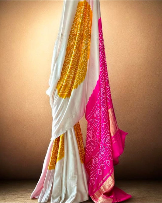 Radiant Heritage: Pure Gajji Silk Rai Bandhej Saree in Ivory