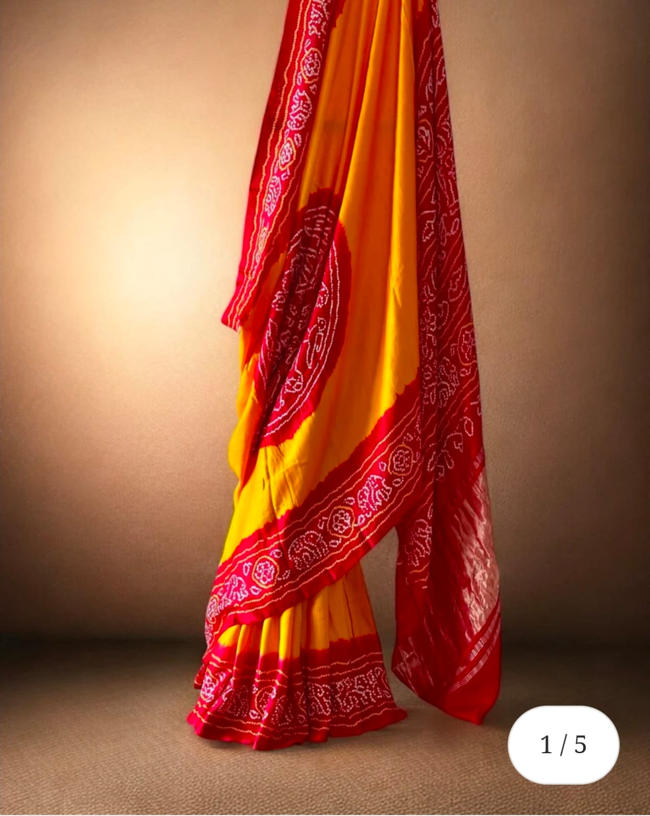 Mustard Yellow & Red Rasmandal Design Bandhej Saree in Gajji Silk Fabric