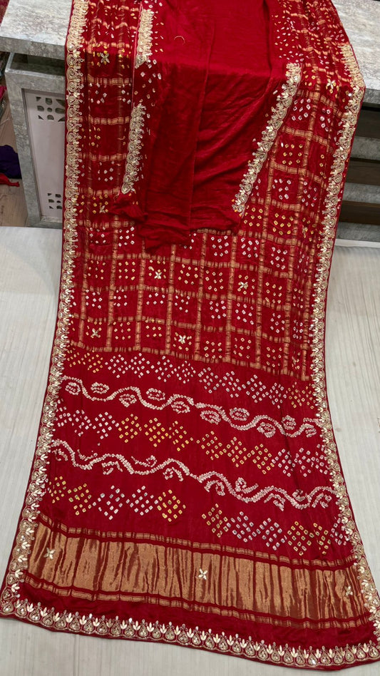 Bridal Red Gajji Silk Gadhchola Saree with Zari Lagdi Patta & Gota Handwork