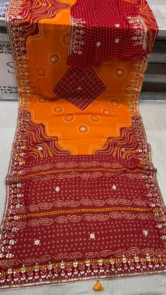 Shaded Sunset Orange & Red 60 Gram Georgette Bandhej Saree with Gota Patti Work
