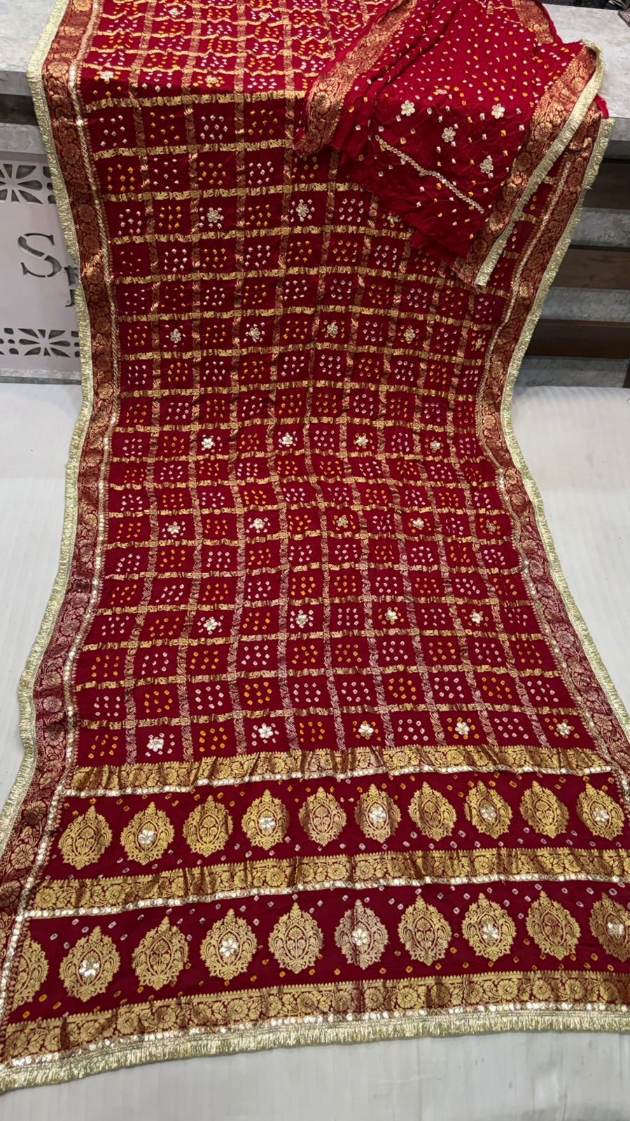 Pure Gajji Silk Gadhchola Saree with Zari Checks & Gota Patti Handwork