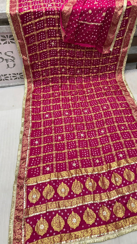Royal Rani Pink Pure Gajji Silk Gadhchola Saree with Zari Checks & Gota Patti Handwork