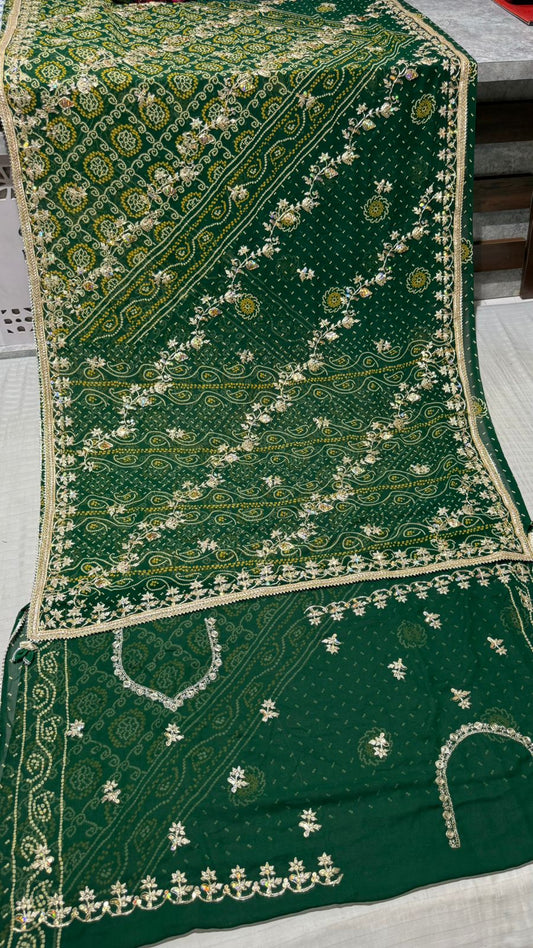 Green American Georgette Bandhej Saree with Diagonal Gota Vines & Designer Blouse