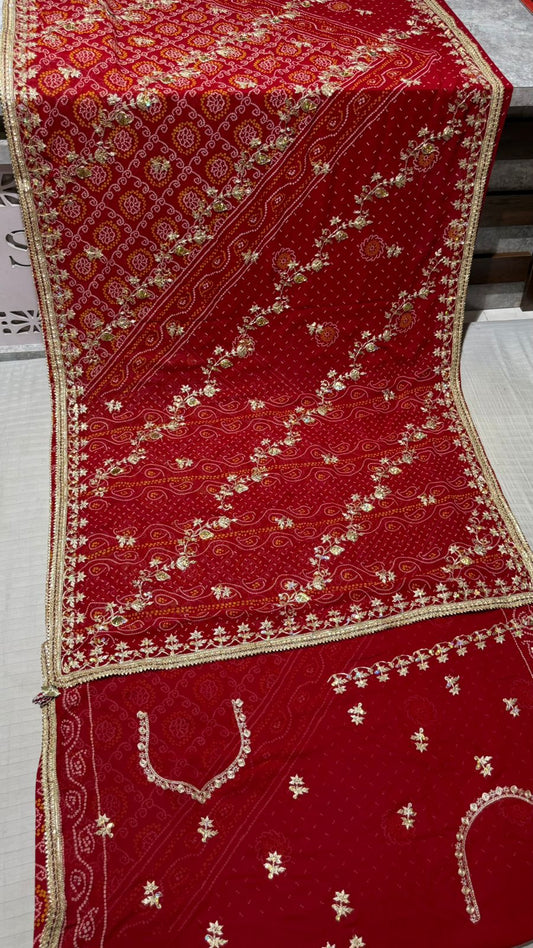 Bridal Red American Georgette Bandhej Saree with Intricate Gota Patti Handwork