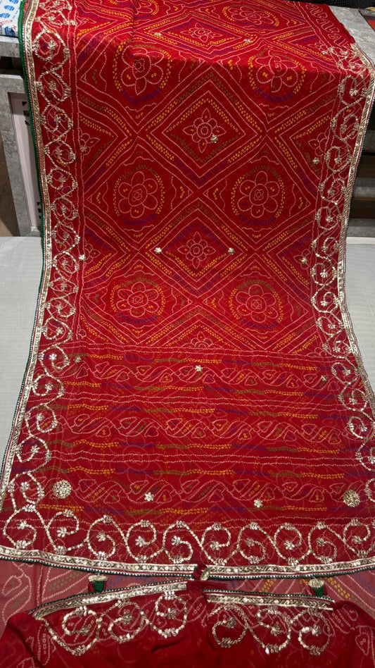 Crimson Red American Georgette Bandhej Saree with Scalloped Gota Patti Handwork