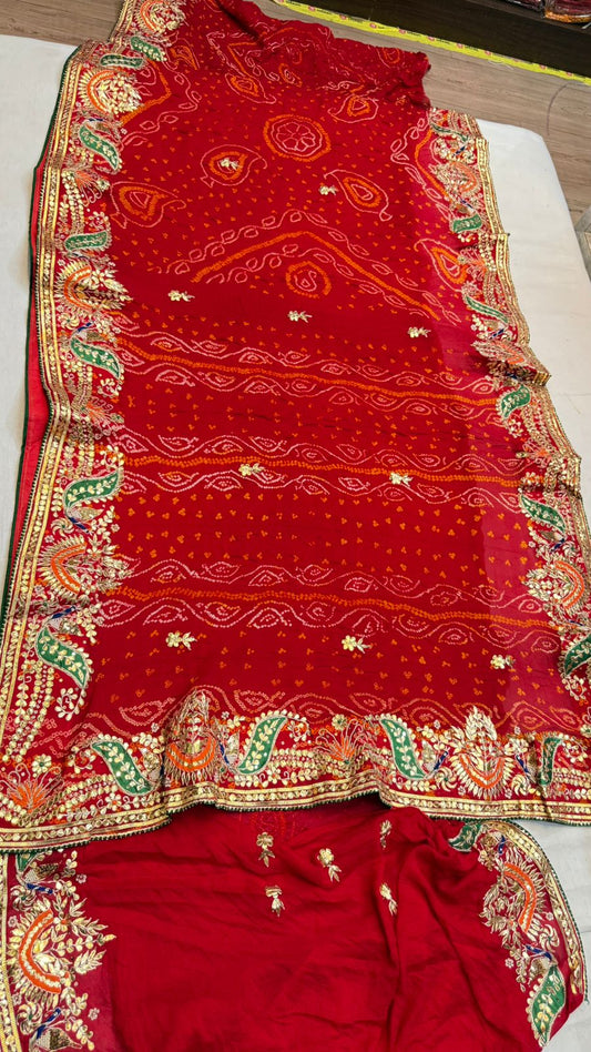 Royal Crimson Red Pure Georgette Bandhej Saree with Intricate Gota Patti Handwork